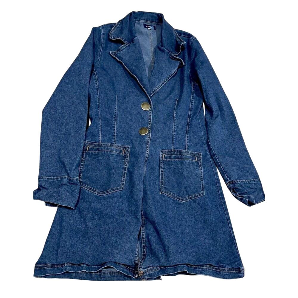 Y2K Denim Stretchy Long Coat 2000s Paris Hilton 6-8 Smalll/Medium